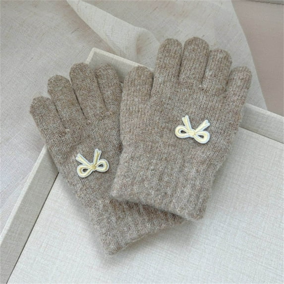 NAISIBABY Kids Winter Gloves, Full Finger Thicken Warm Cute Bowknot Knit Outdoor Gloves for Boys Girls Khaki