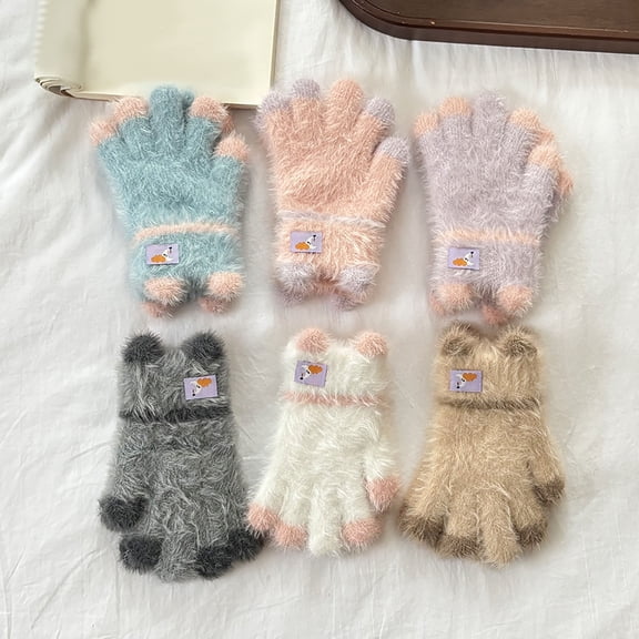 NAISIBABY Kids Winter Knitted Gloves (5-12T), Stretchy Warm Fluffy Soft Boys Girls Snow School Mittens Pink Free Size