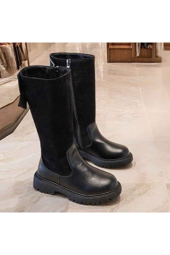 Knee High Boots for Girls, Zipper Soft Sole Comfortable PU Kids Fashion Riding Boots Black