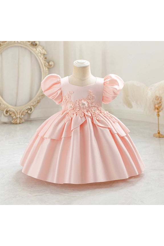 Little Girls Princess Dress 4T, Puff Sleeve Silky Satin Embroidered Gown Wedding Party Pageant Flower Dress Pink