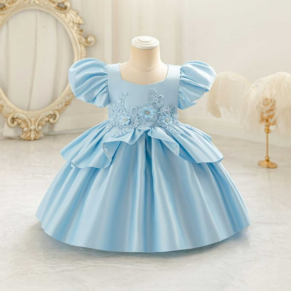 NAISIBABY Little Girls Princess Dress, Embroidered Silky Satin Puff Sleeve Gown Wedding Party Pageant Flower Dress Blue 4T