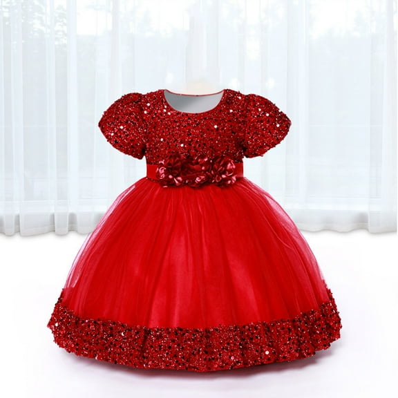 NAISIBABY Little Girls Princess Dress, Glitter Sequin Short Sleeve Tutu Mesh Wedding Pageant Birthday Formal Dress Red 4T