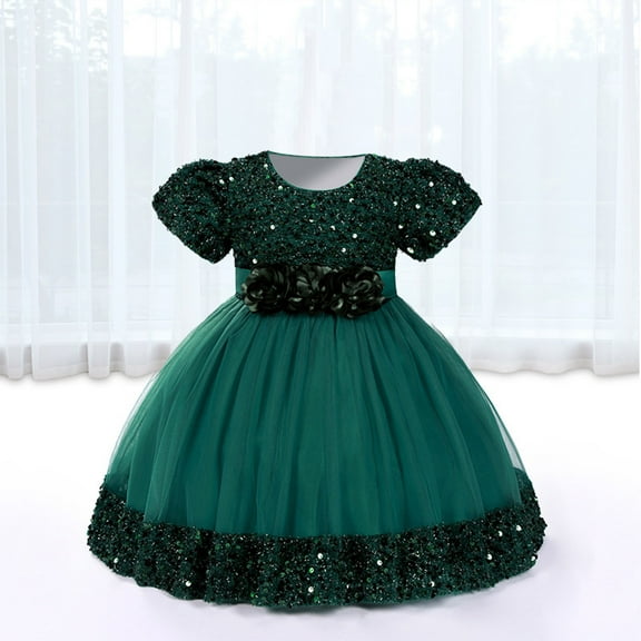 NAISIBABY Little Girls Princess Dress, Short Sleeve Tutu Mesh Glitter Sequin Wedding Pageant Birthday Formal Dress Green 4T