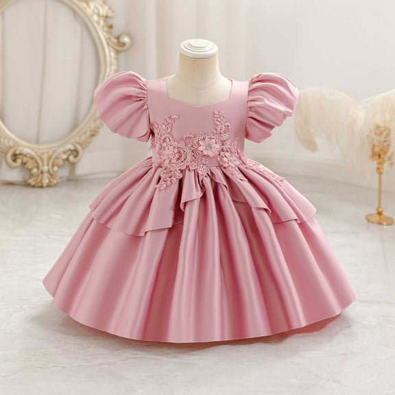NAISIBABY Little Girls Princess Dress, Silky Satin Puff Sleeve Embroidered Gown Wedding Party Pageant Flower Dress Hot Pink 4T