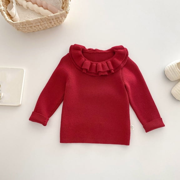 NAISIBABY Little Girls Sweater, Ruffles Crewneck Long Sleeve Soft Warm Fall Winter Classic Ribble Knit Tops Wine 1T
