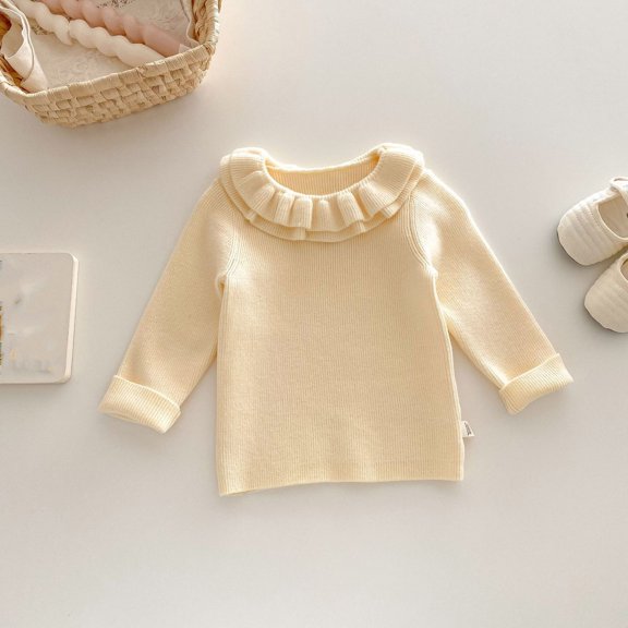NAISIBABY Little Girls Sweater, Soft Warm Long Sleeve Ruffles Crewneck Fall Winter Classic Ribble Knit Tops Beige 6Months