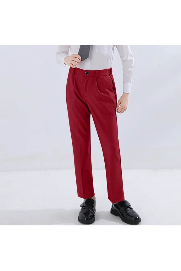 Little and Big Boys School Uniform Pants, Flat Front Elastic Waist Classic Fit Performance Pants Wine 14T