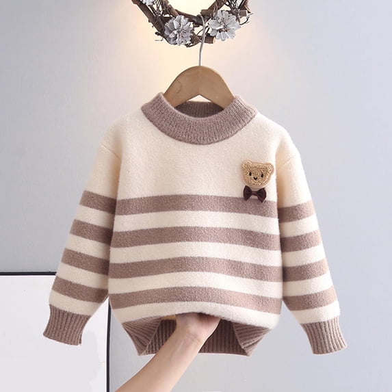 NAISIBABY Little and Big Boys Sweater, Long Sleeve Cute Striped Crew Neck Fall Winter Fashion Knitted Sweater Khaki 3T