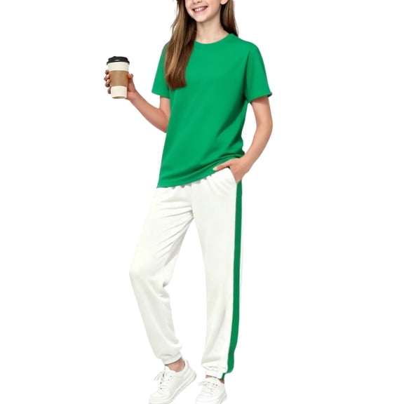 NAISIBABY Little and Big Girls Set, Short Sleeve T-Shirt and Jogger Sweatpant Kids Athletic Outfit 2-Piece Green 7T