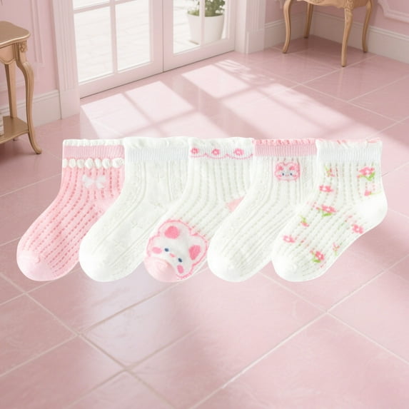 NAISIBABY Little and Big Girls Socks, Non Slip Cute Stretch Cotton Breathable Casual Comfy Socks 5 Pairs Pink 3T