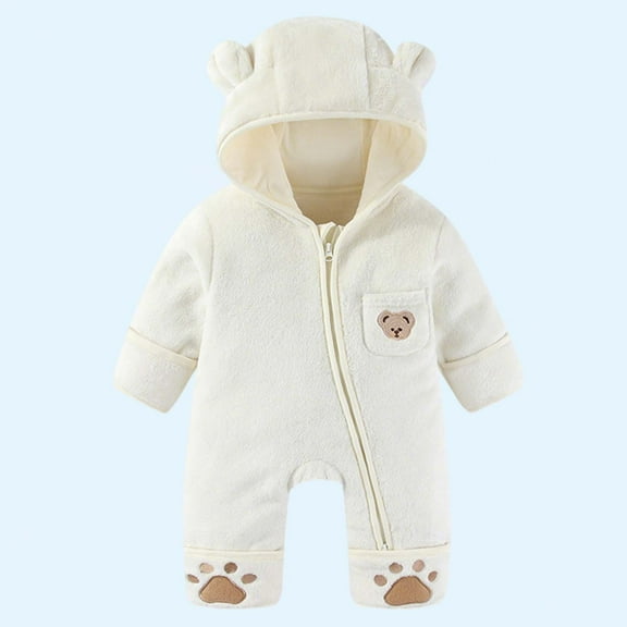 NAISIBABY Newborn Flannel Jumpsuit, Full Zip-Up Thicken Warm Cute Hooded Baby Winter Home One-Piece Romper White 9Months