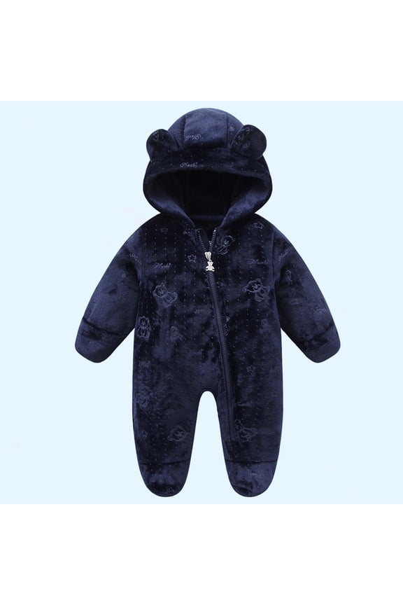 Newborn Flannel Jumpsuit, Full Zip-Up Thicken Warm Graphic Hooded Baby Winter Home One-Piece Romper Navy 9Months