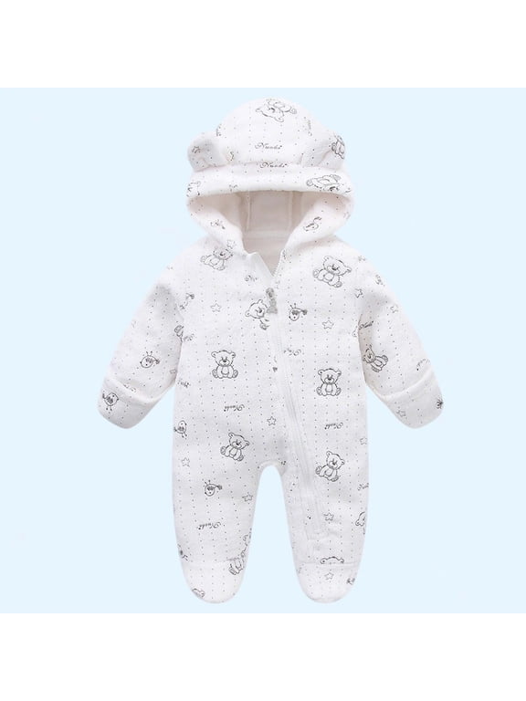 Newborn Flannel Jumpsuit, Graphic Hooded Thicken Warm Full Zip-Up Baby Winter Home One-Piece Romper White 0-3Months