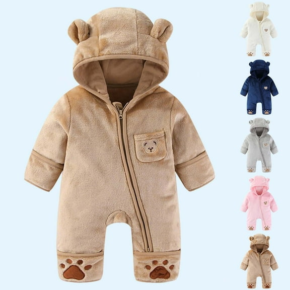 NAISIBABY Newborn Flannel Jumpsuit, Thicken Warm Full Zip-Up Cute Hooded Baby Winter Home One-Piece Romper Coffee 6Months