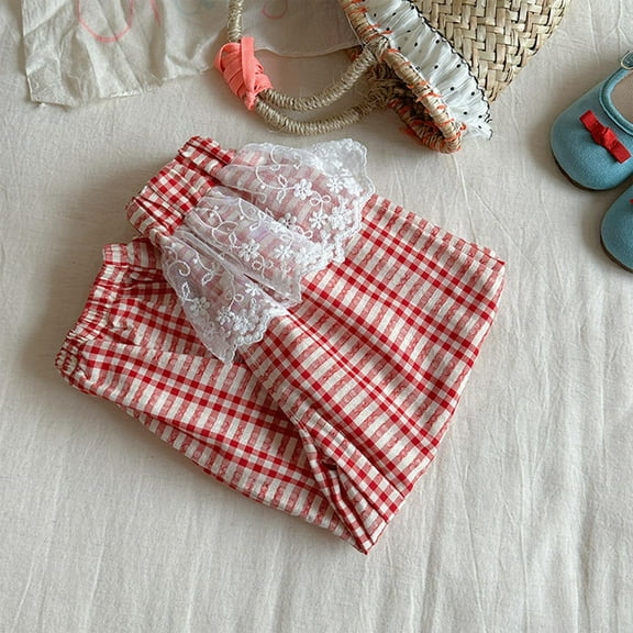 NAISIBABY Pants for Girls, Lightweight Checked Loose Cute Ruffles Lace Summer Cotton Causal Pants Red 6T