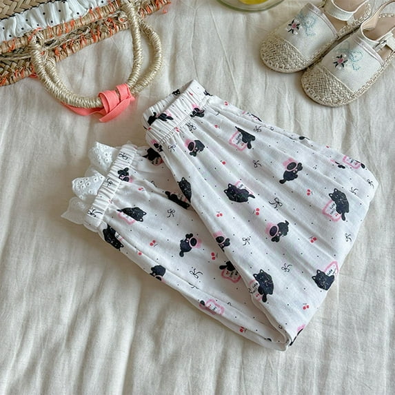 NAISIBABY Pants for Girls, Elastic Waist Lightweight Cute Prints Summer Thin Lace Casual Pants White 3T