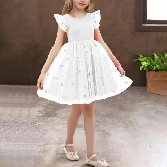 NAISIBABY Princess Dress for Girls, Embroidered Mesh Ruffles Sleeve Tutu Tulle Birthday Wedding Party Floral Dress White 7T