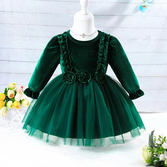 NAISIBABY Princess Dress for Girls, Floral Mesh Fluffy Long Sleeve Solid Color Casual Party Dress Green 9-12Months