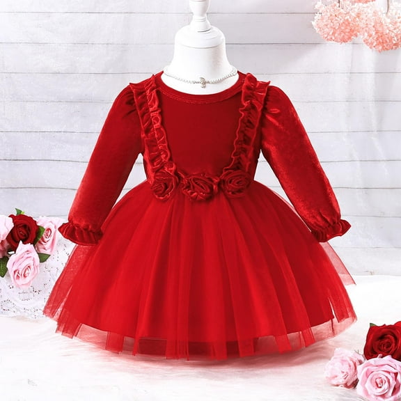 NAISIBABY Princess Dress for Girls, Floral Mesh Fluffy Long Sleeve Solid Color Casual Party Dress Red 12-18Months