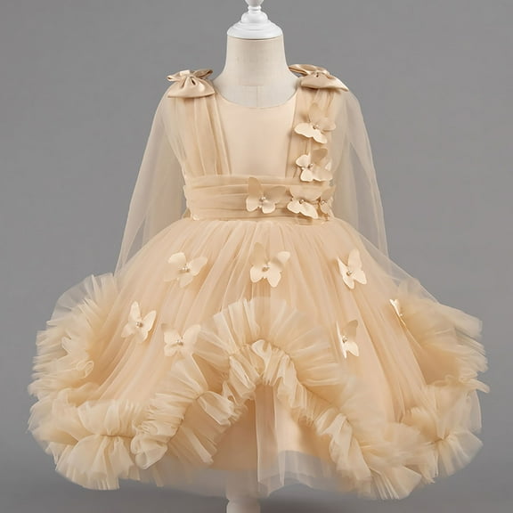 NAISIBABY Princess Dress for Girls, Lace Long Sleeve Tulle Elegnat Mesh Embroidered Party Birthday Pageant Flower Dress Beige 6T