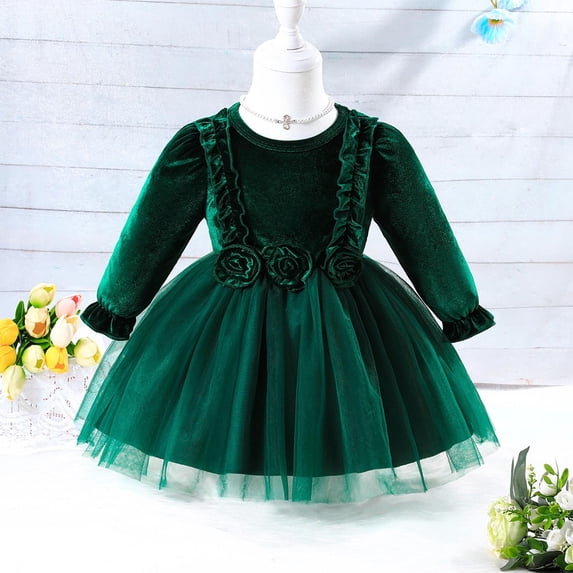 NAISIBABY Princess Dress for Girls, Solid Color Floral Mesh Fluffy Long Sleeve Casual Party Dress Green 2-3T