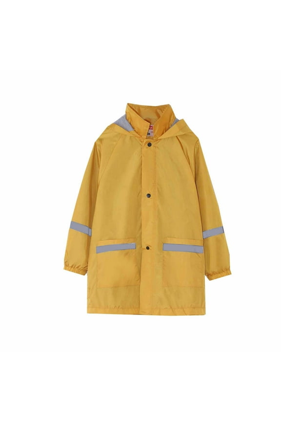 Rainy Season Children's Boys Girls Raincoat, Kids Solid Color Hooded Mid-length Jacket With Pockets Rainwear Yellow 6-7 T