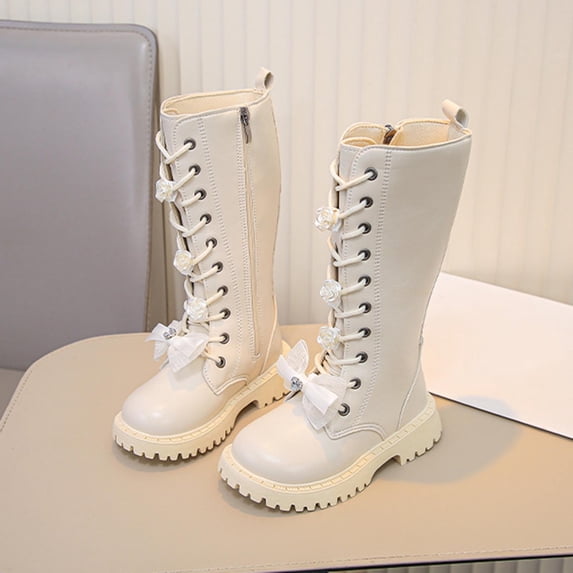NAISIBABY Riding Boots for Girls, Cute Bowknot Floral Zipper Lacp-Up PU Leather Fall Winter Princess Boots White
