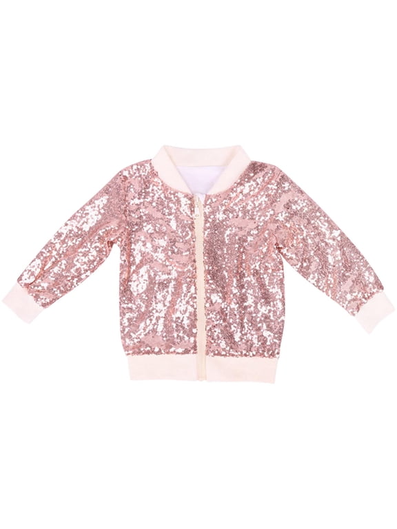Sequined Jacket for Girls, Zipper Long Sleeve Shiny Sparkly Casual Fashion Coat Rose Gold 4-5T