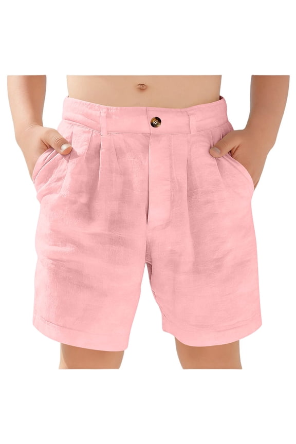 Shorts for Boys, with Pockets Linen Cotton Elastic Waist Summer Lightweight Casual Shorts Pink 7T