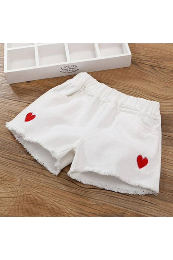 Shorts for Girls Size 6, Elastic Waist Stretch Heart Prints Kids Casual Cotton Shorts White（5-13T)