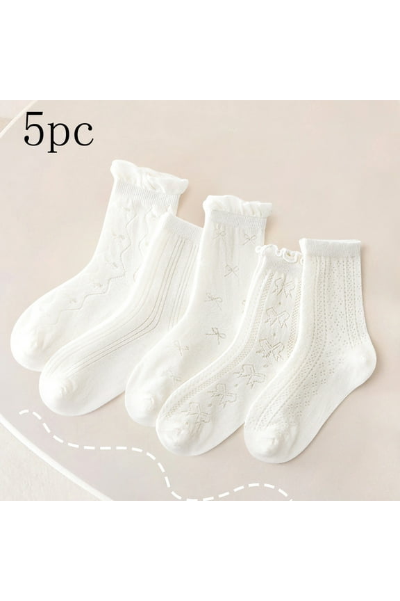 Socks for Girls, Stretchy Breathable Cute Ruffles Mid-Tube Cotton Soft Socks 5 Pack White 6T
