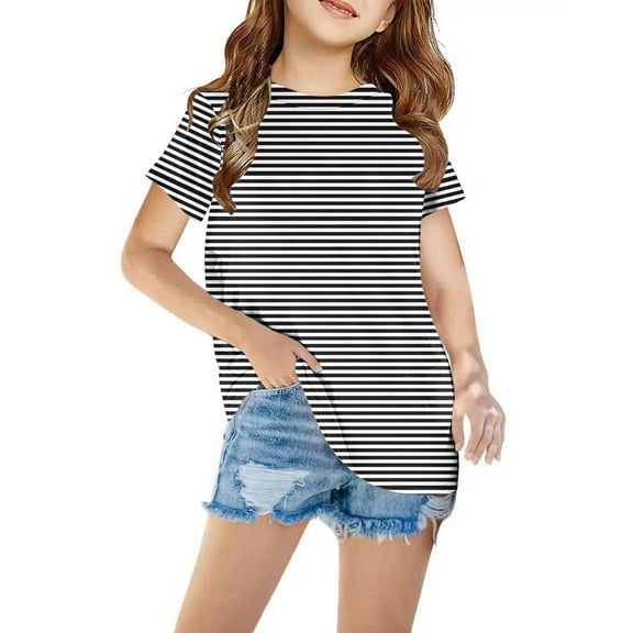 NAISIBABY Summer Girls Short Sleeve Printed T-Shirt, Kids Round Neck Casual Daily Versatile Tops Black 11-12T