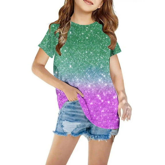 NAISIBABY Summer Girls Short Sleeve Printed T-Shirt, Kids Round Neck Casual Daily Versatile Tops Green 11-12T