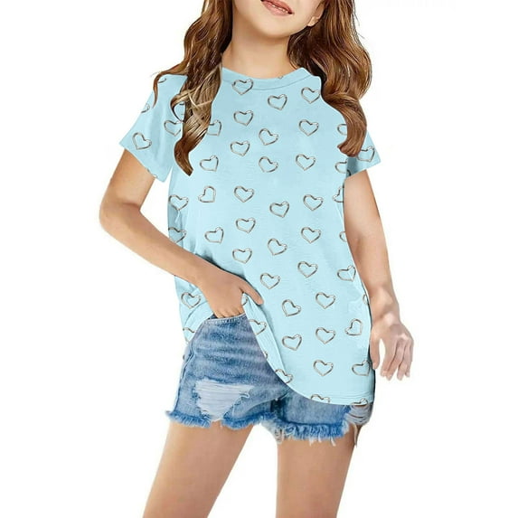 NAISIBABY Summer Girls Short Sleeve Printed T-Shirt, Kids Round Neck Casual Daily Versatile Tops Light Blue 11-12T
