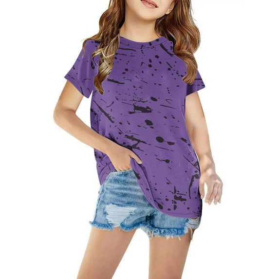 NAISIBABY Summer Girls Short Sleeve Printed T-Shirt, Kids Round Neck Casual Daily Versatile Tops Purple 5-6T
