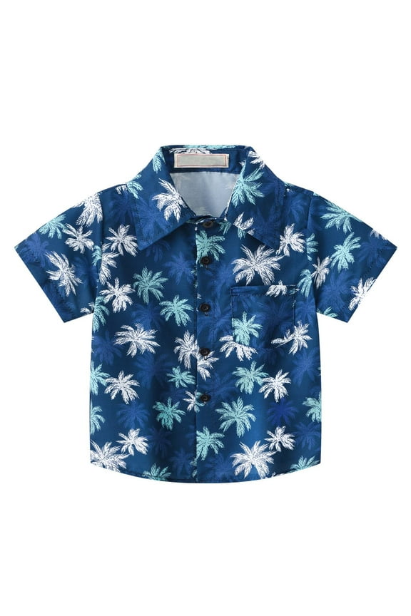 Summer Kids Printed Beach Short Sleeve T-Shirt, Toddler Boys Lapel Collar Fashion Top Blue 12 Months