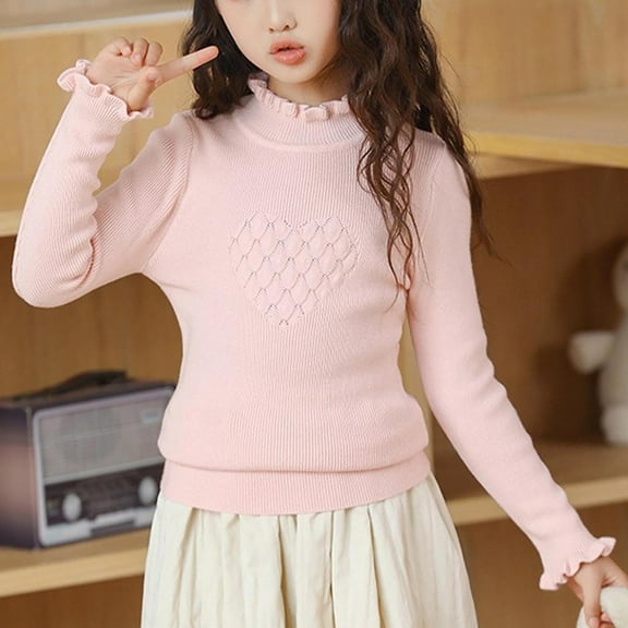 NAISIBABY Sweater for Girls, Fashion Ruffled Long Sleeve Solid Color Casual Thick Knit Tops Pink 12-14T