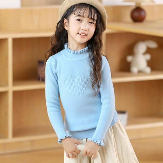 NAISIBABY Sweater for Girls, Solid Color Fashion Ruffled Long Sleeve Casual Thick Knit Tops Light Blue 8-10T