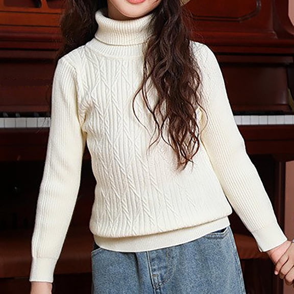 NAISIBABY Sweater for Kids Boys Girls, Long Sleeve Solid Comfy Turtleneck Pullover Basic Flock Tops White 5-6T