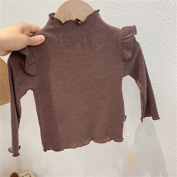 NAISIBABY Sweater for Kids Girls, Fashion Ruffled Long Sleeve High Neck Solid Pulover Knit Tops Coffee 4-5T