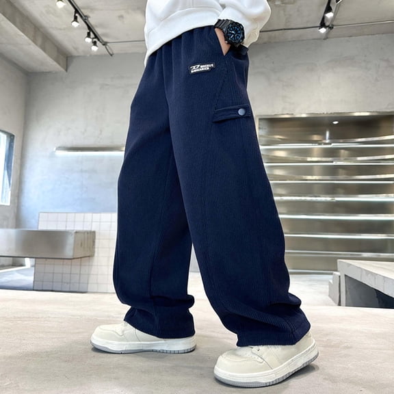 NAISIBABY Sweatpants for Boys, Baggy Fit Wide Leg Elastic Waist Kids Fall Winter Corduroy Casual Pants Navy 13T