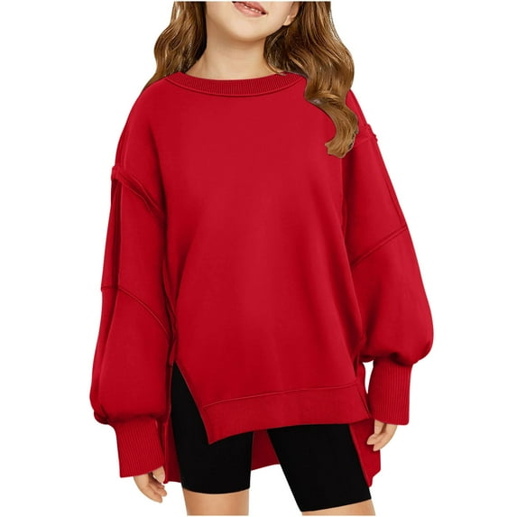 NAISIBABY Sweatshirt for Girls Boys, Split Hem Solid Color Pullover Middle Big Kids Casual Tops Red 13-14T