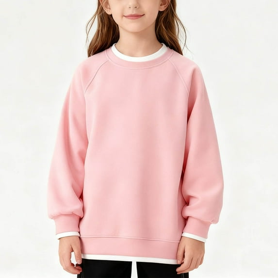 NAISIBABY Sweatshirt for Girls Size 8, Round Neck Cotton Comfortable Long Sleeve Kids School Uniform Casual Tops Pink (4-15T)