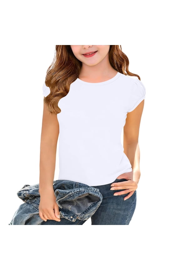 T-Shirt for Girls, Puff Short Sleeve Soft Comfy Crewneck Summer Casual Basic Tees White 5T