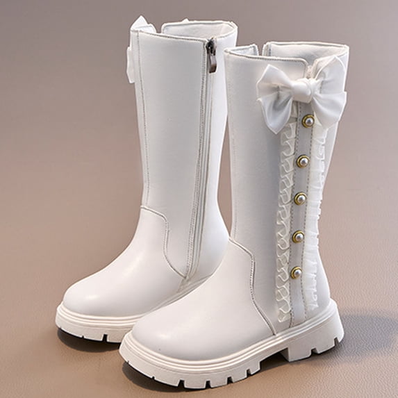 NAISIBABY Tall Boots for Girls, Thicken Sole Lace Bowknot Zipper Fall Winter Fashion Riding Boots White