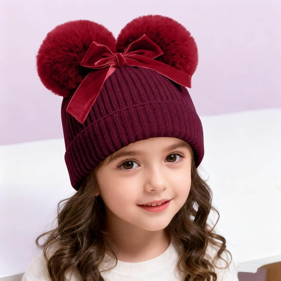 NAISIBABY Toddler Beanie Hat with Pom, Knitted Cotton Thicken Warm Stretch Soft Boys Girls Winter Ski Cap Wine 6-36Months