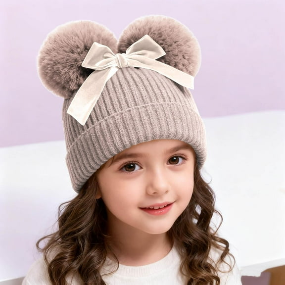 NAISIBABY Toddler Beanie Hat with Pom, Stretch Soft Knitted Cotton Thicken Warm Boys Girls Winter Ski Cap Beige 6-36Months