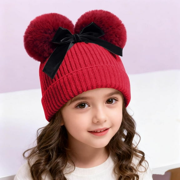 NAISIBABY Toddler Beanie Hat with Pom, Thicken Warm Stretch Soft Knitted Cotton Boys Girls Winter Ski Cap Red 6-36Months