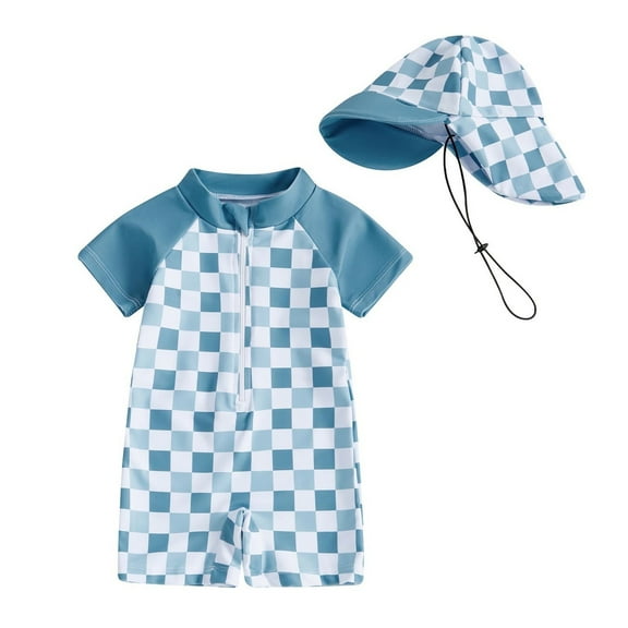 NAISIBABY Toddler Boys Girls One-Piece Swimsuit, Plaid with Sun Cap Zipper Short Sleeve Bathing Suit 2-Piece Blue 1-2T