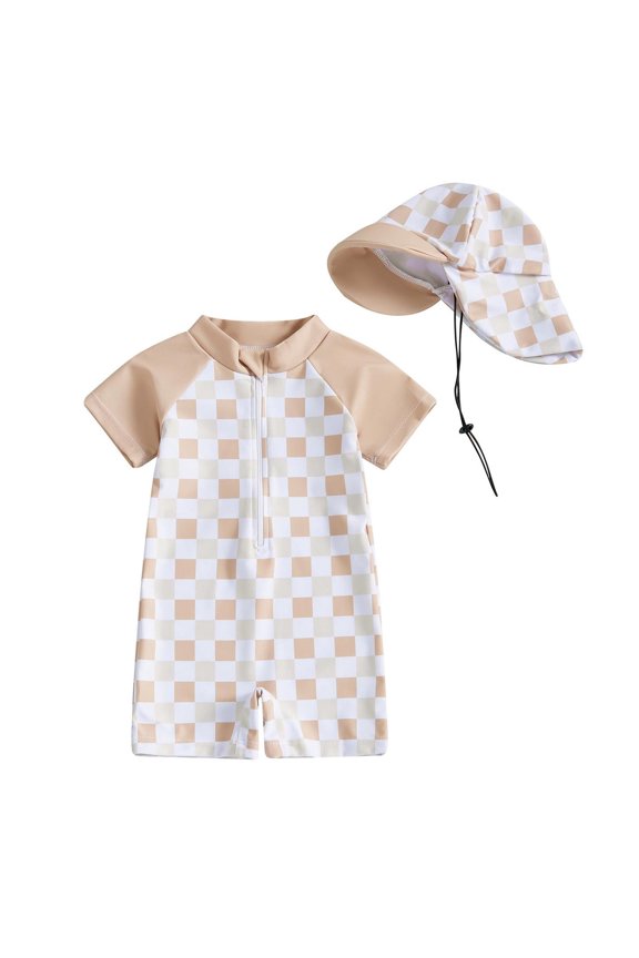 Toddler Boys Girls One-Piece Swimsuit, Short Sleeve Plaid with Sun Cap Zipper Bathing Suit 2-Piece Khaki 0-3Months